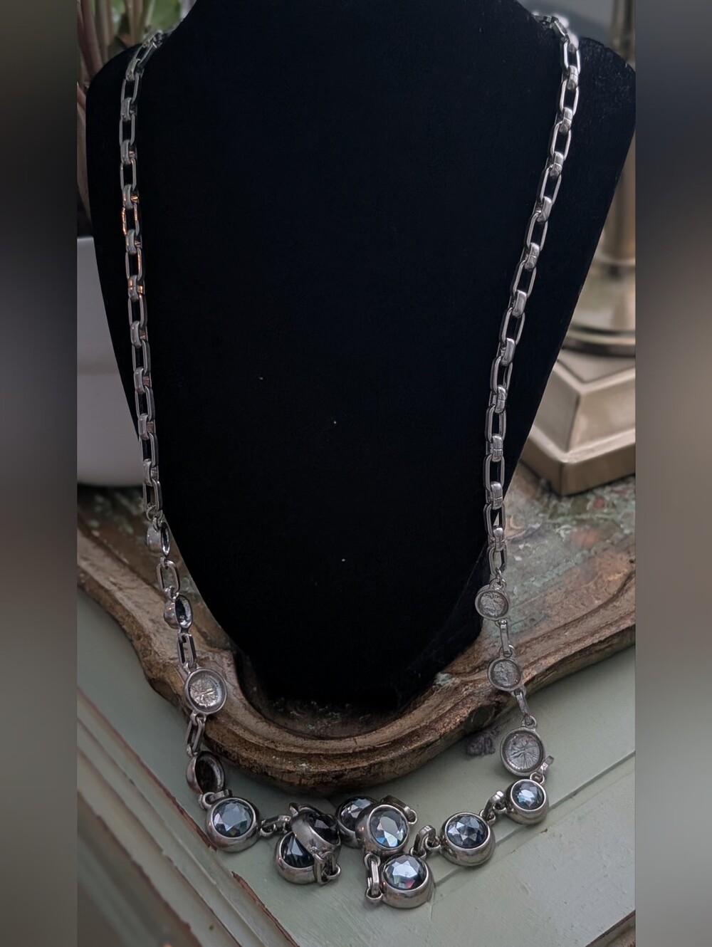 Coldwater Creek Silver Tone With Grey/Smoky Blue Rhinestone Station Necklace - Picture 6 of 11